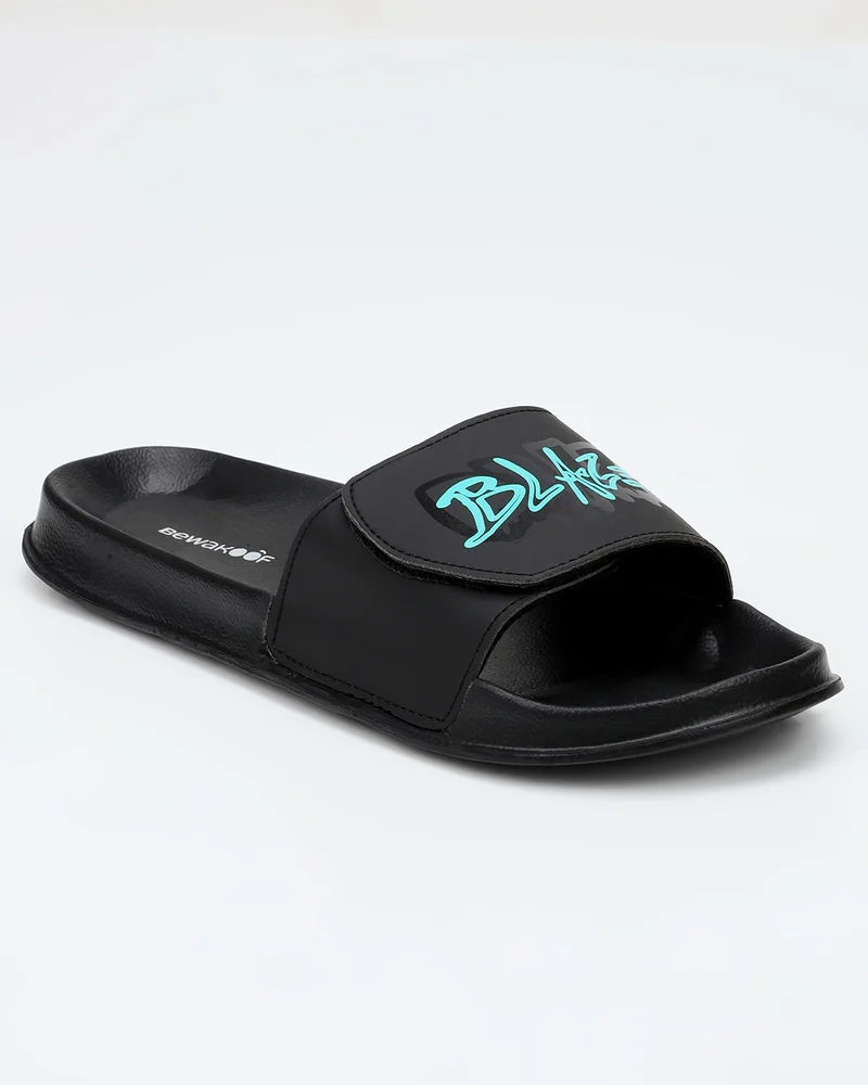 bewakoof Men's Black Blaze Mode Printed Velcro Sliders